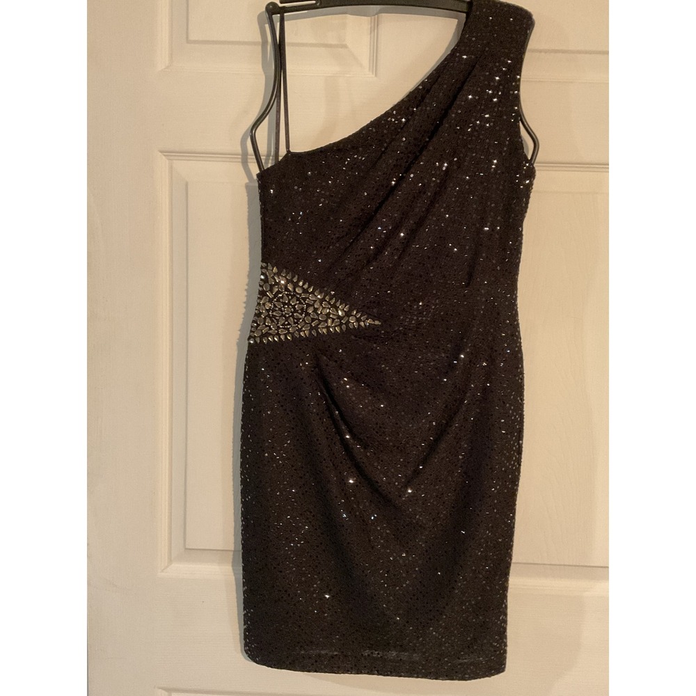 Jackie Jon New York Black One Shoulder Sequin Rhinestone Cocktail Dress Size 6